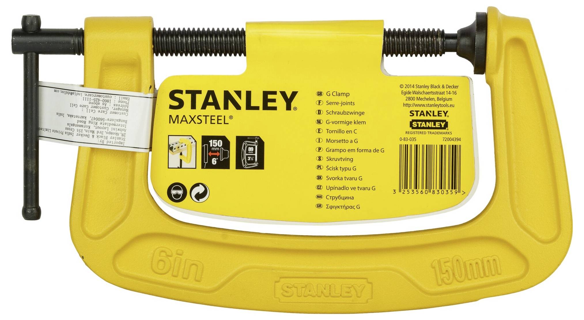 Eine gelbe Maxsteel G-Klemme von Stanley, 150 mm, mit Etikett für vielseitige Befestigungsanwendungen.