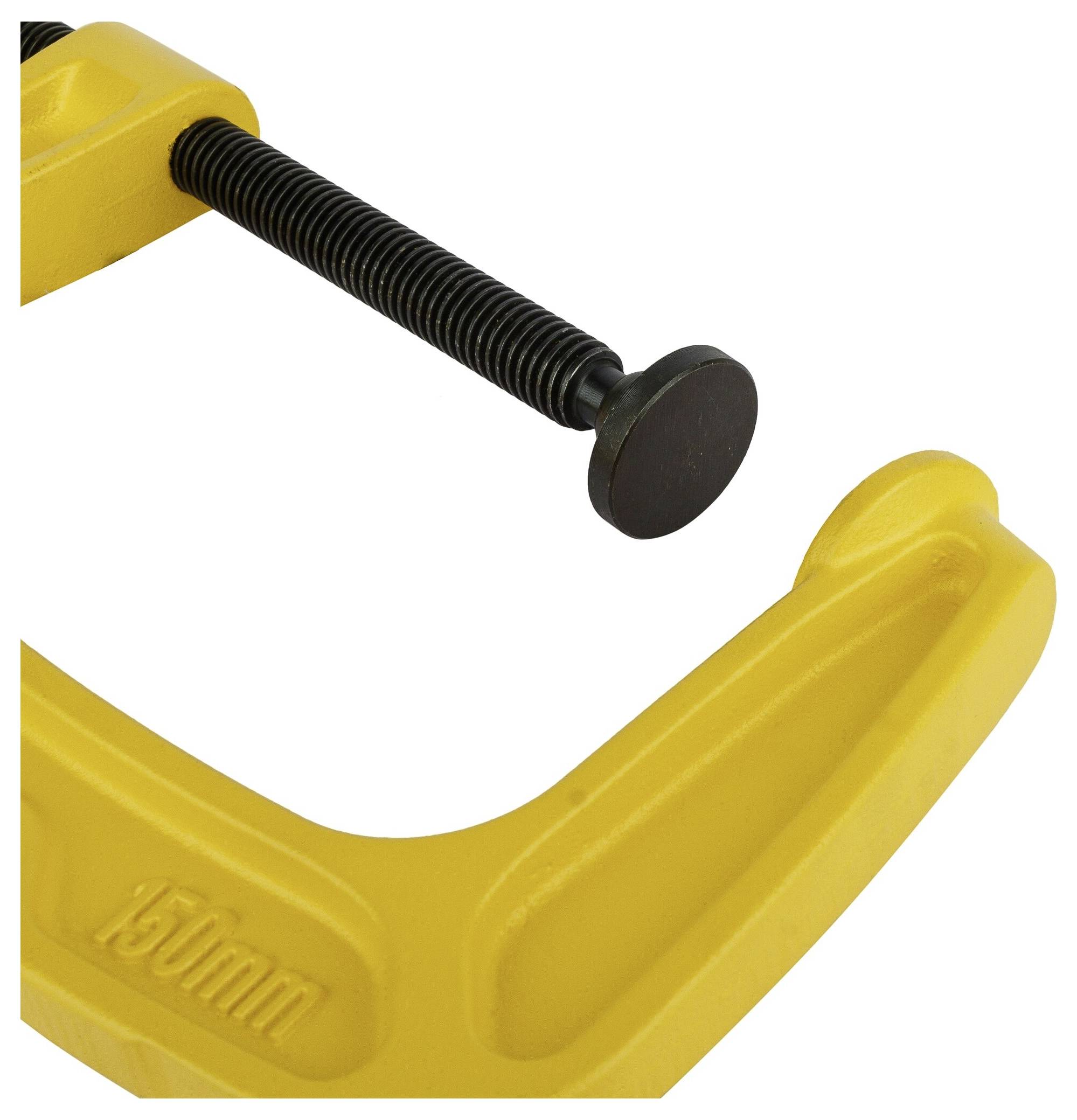 Gelber Schraubstock aus Metall mit schwarzer Spindel, geöffnet auf etwa 150 mm, genutzt zum Fixieren oder Halten von Objekten.