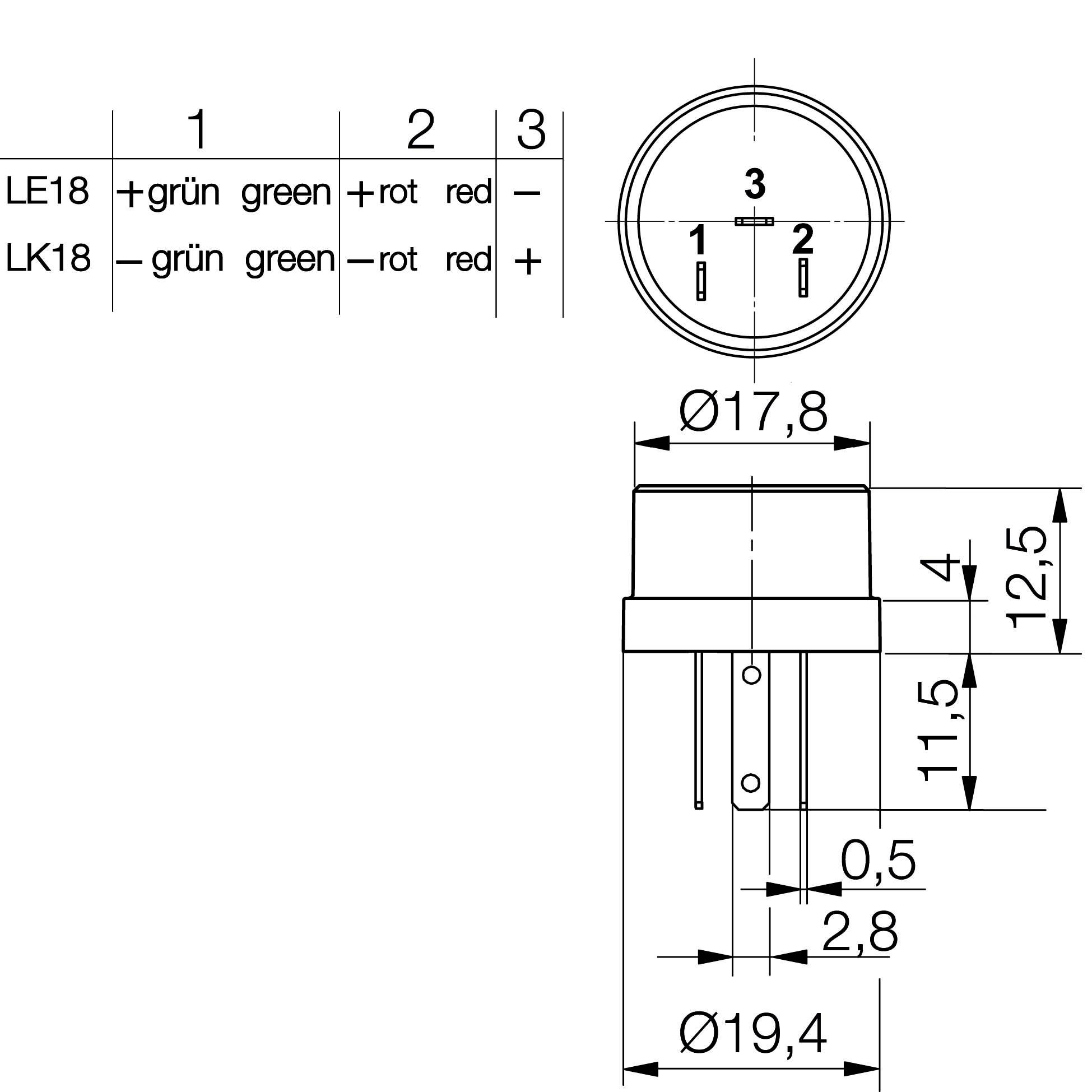 Technische Zeichnung eines runden Steckverbinders, Detailabmessungen und Pinbelegung sind angegeben, mit Durchmesser Ø17,8 und Ø19,4.