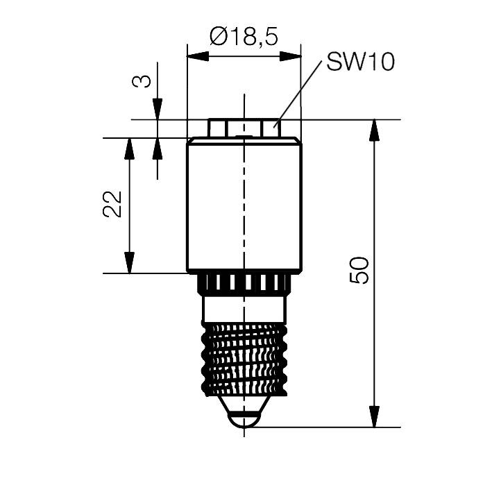 Technische Zeichnung eines zylindrischen Bauteils mit Gewinde. Maße: Durchmesser 18,5 mm, Höhe 50 mm, Schlüsselweite SW10.