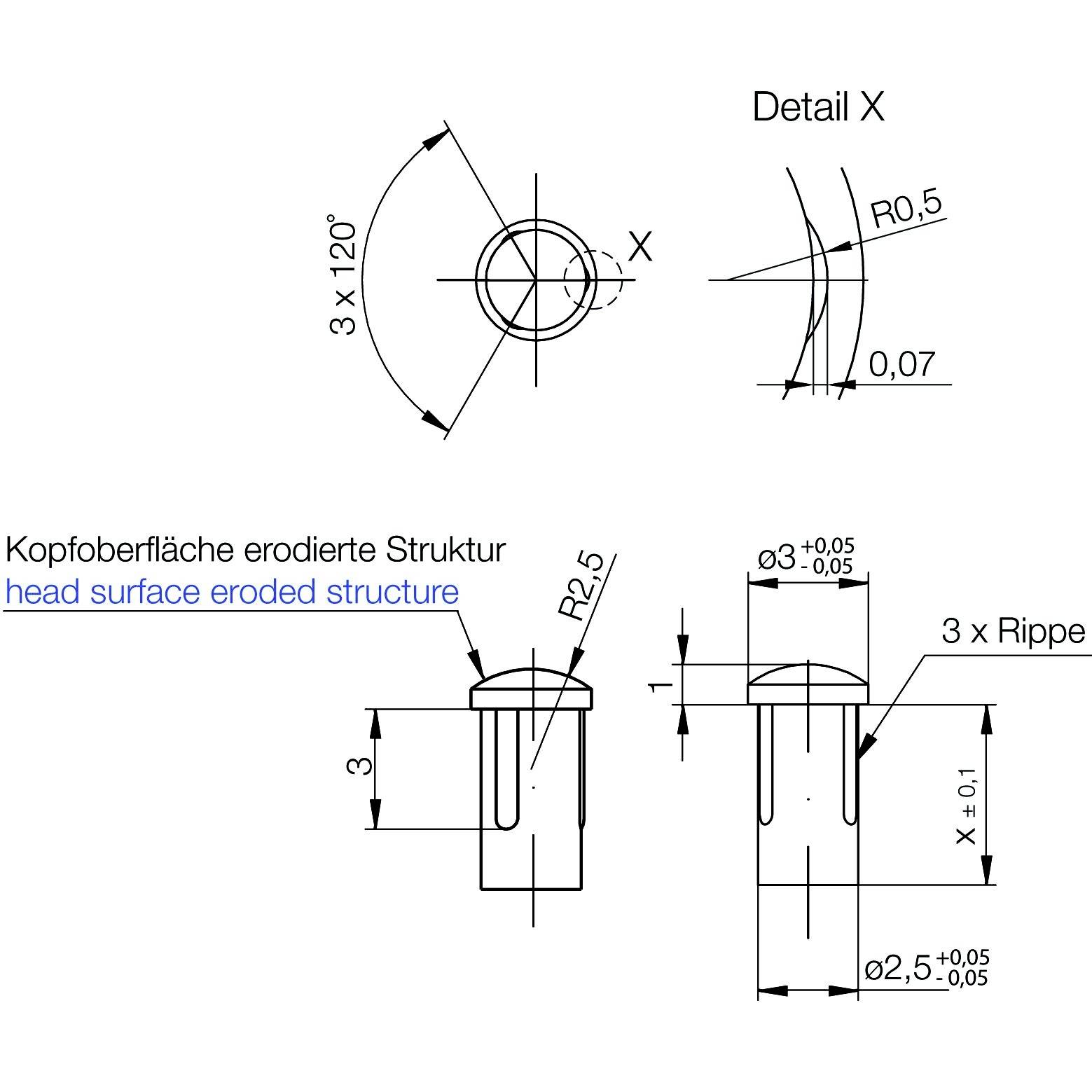Technische Zeichnung mit Detail X, zeigt Zylinder mit drei Rippen und erodierter Kopfoberfläche. Maße und Toleranzen angegeben.