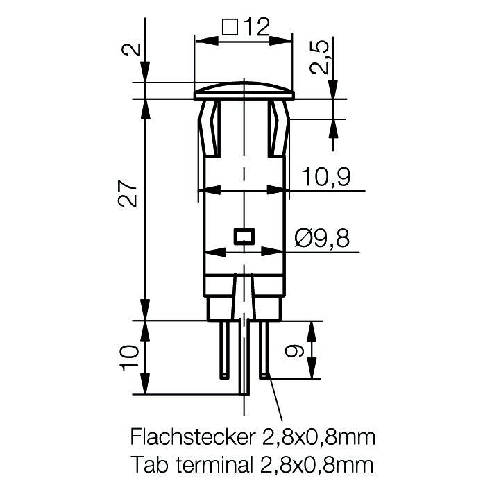 Technische Zeichnung einer Flachsteckdose, zeigt Maße in Millimetern: Durchmesser 9,8; Gesamtlänge 27; Stecker 2,8x0,8.