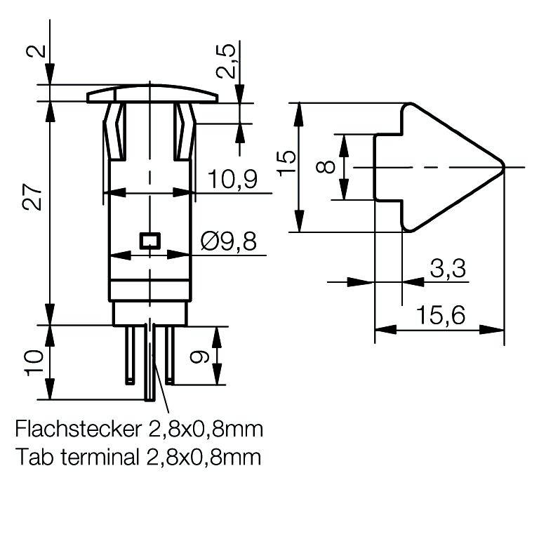 Technische Zeichnung eines Tab-Terminals mit Maßen. Höhe 18 mm, Breite 15,6 mm, beinhaltet Durchmesser- und Abstandsangaben.