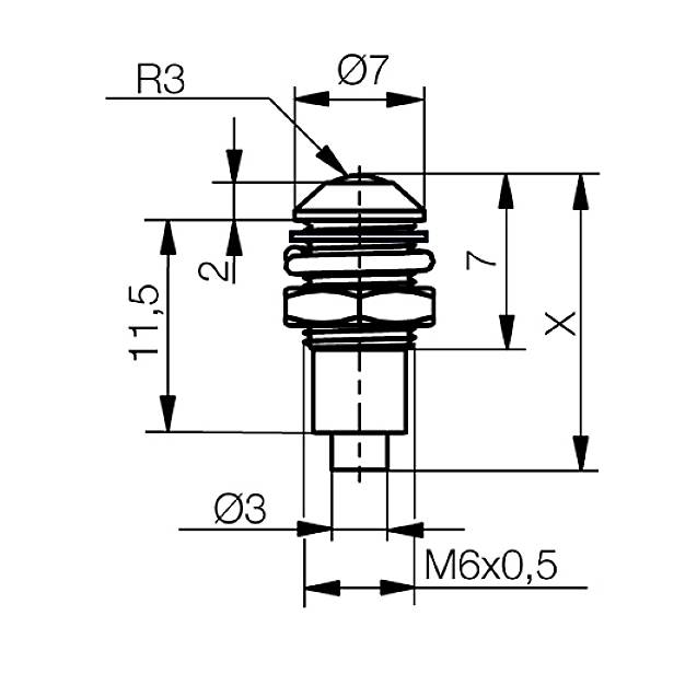 Technische Zeichnung eines zylindrischen Bauteils mit Maßen: ø7, ø3, Höhe 11,5, Gewinde M6x0,5, sowie weiteren Detailmaßen R3 und 7.