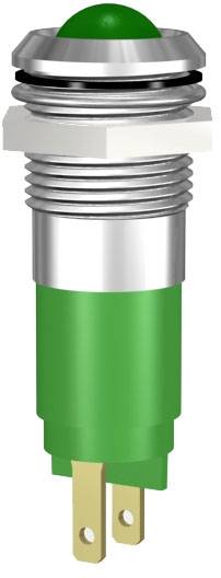 Ein grüner LED-Druckknopfschalter in einem Metallgehäuse mit Gewinde und zwei Steckkontakten unten.