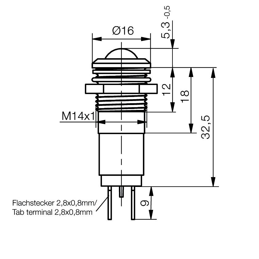 Technische Zeichnung eines Knopfdruckschalters mit Abmessungen: Gesamtlänge 32,5 mm, Durchmesser 16 mm, mit Flachstecker 2,8x0,8 mm.