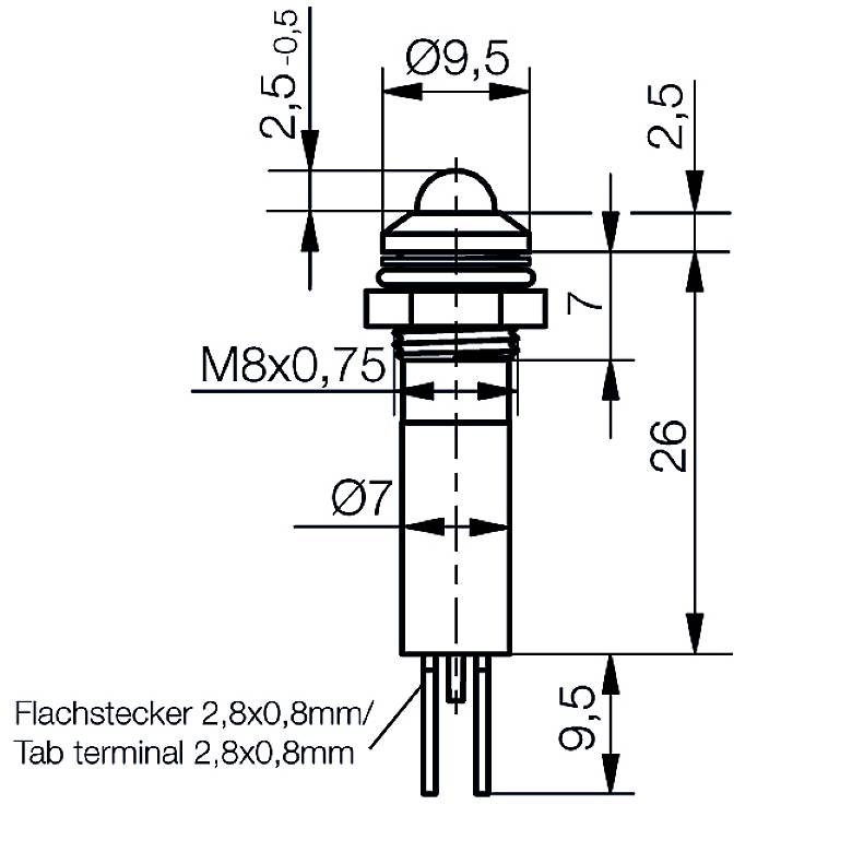 Technische Zeichnung eines Zylinders mit Maßenangaben. Beschriftungen: Flachstecker 2,8x0,8 mm, M8x0,75, Gesamtlänge 26 mm.