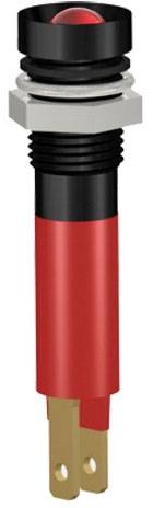 Ein roter, zylindrischer LED-Anzeigelampe mit schwarzem Rand und metallischen Kontakten, die zur Durchsteckmontage geeignet ist.