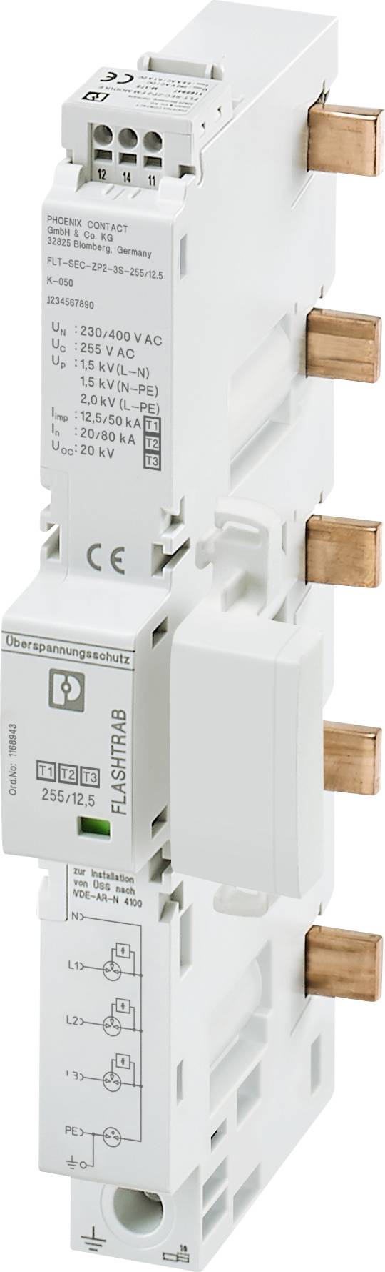 Elektrisches Schaltgerät in Weiß mit mehreren Kupferanschlüssen, geeignet für die Integration in ein Schaltsystem zur Spannungssteuerung.