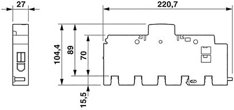 Technische Zeichnung eines elektrischen Bauteils mit Maßen: Länge 220,7 mm, Höhe 104,4 mm, Breite 27 mm.