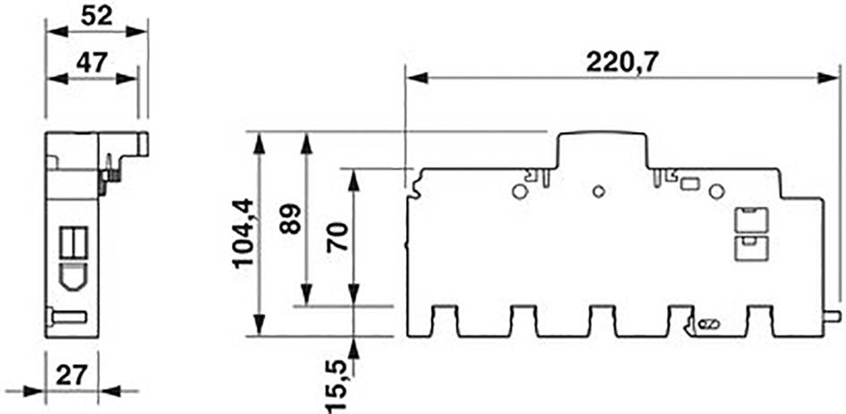 Technische Zeichnung eines elektrischen Bauteils mit Maßangaben. Links: Seitenansicht, Höhe 52mm, Breite 27mm. Rechts: Vorderansicht, Breite 220,7mm.