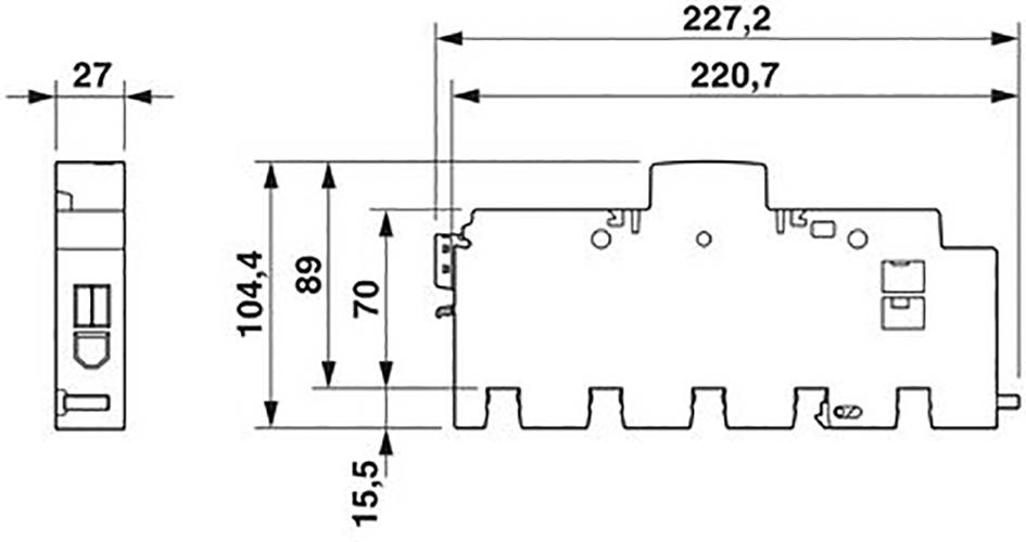 Technische Zeichnung eines Bauteils mit Abmessungen: Länge 227,2 mm, Höhe 104,4 mm, Breite 27 mm. Seiten- und Frontansicht.