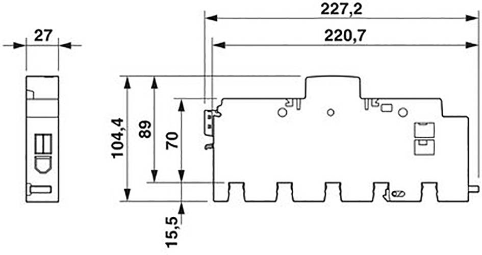 Technische Zeichnung eines elektrischen Bauteils mit Maßen: Breite 227,2 mm, Höhe 104,4 mm, Tiefe 27 mm. Seiten- und Vorderansicht.