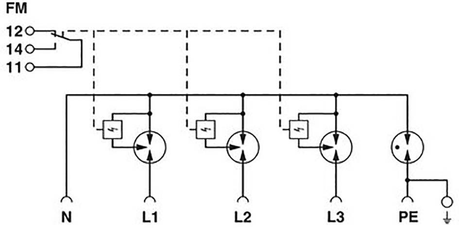 Schaltschema eines dreiphasigen Stromkreises mit Neutralleiter (N) und Schutzleiter (PE), zeigt Anschlüsse L1, L2, L3 und Sicherungselemente.