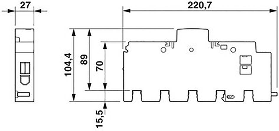 Technische Zeichnung eines Bauteils mit Maßen: Breite 220,7 mm, Höhe 104,4 mm, Tiefe 27 mm. Details und Abstände angegeben.