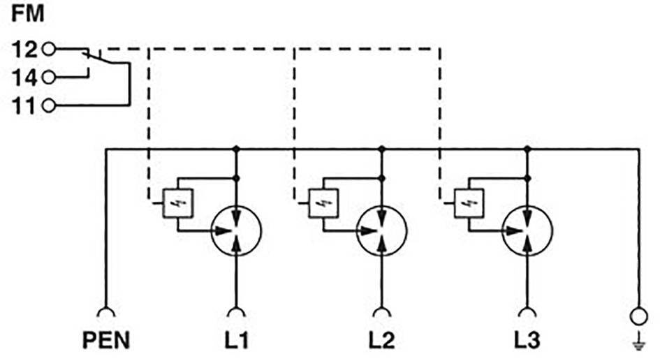 Schaltskizze eines elektrischen Stromkreises mit drei hintereinandergeschalteten Glühlampen (L1, L2, L3) und einem Erdungssymbol.