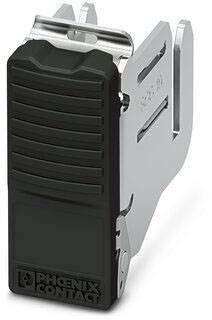 Ein schwarzer Steckverbinder von Phoenix Contact, linksseitig montiert mit silbernem Metallclip. Verwendet in elektrischen Anwendungen.