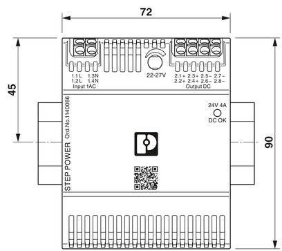 Netzteil mit den Abmessungen 72x90x45 mm. Oben elektrische Anschlüsse und Eingabebeschriftungen. Unten QR-Code und 'STEP POWER'.