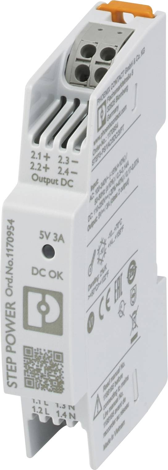 Elektronisches Bauteil mit Klemmen und Beschriftungen für Spannung und Strom. Aufdruck: 'STEP POWER'. Geeignet für industrielle Anwendungen.