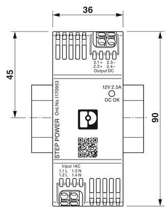 Schematische Zeichnung eines STEP POWER Netzteils mit Abmessungen 36x90 mm und 12V 2.5A Ausgang. QR-Code und technische Spezifikationen.