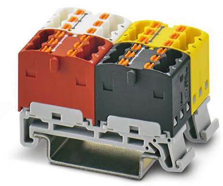 Mehrfarbige Klemmen auf einer Schiene montiert, zeigen ein elektrisches Verbindungssystem für übersichtliche Verkabelung.