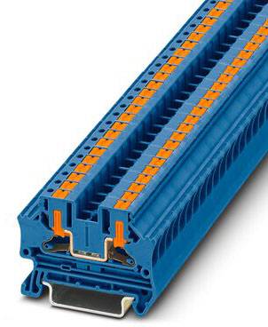 Eine blaue Reihenklemme mit orangefarbenen Elementen, die zur elektrischen Verbindung und Verteilung in Schalttafeln verwendet wird.
