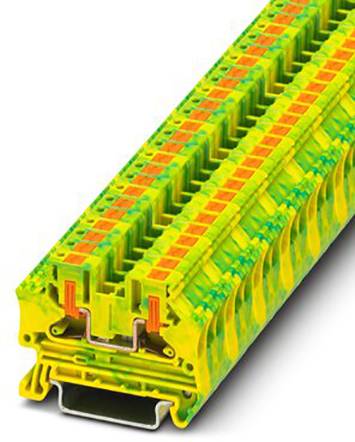 Eine mehrstöckige grün-gelb-orangene elektrische Klemmleiste, die zur sicheren Verbindung von Drähten in elektrischen Anlagen genutzt wird.