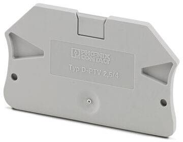 Ein grauer Kunststoffdeckel mit der Aufschrift 'PHOENIX CONTACT Typ D-PTV 2,5/4', gestaltet für die Abdeckung und den Schutz elektrischer Anschlüsse.