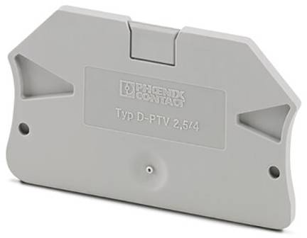 Graues Abdeckteil mit Aufschrift 'PHOENIX CONTACT Typ D-PTV 2,5/4'. Entworfen für elektrische Verbindungen oder Schaltungen.