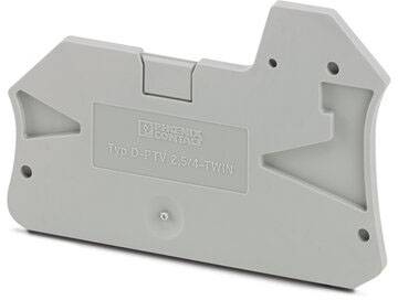 Graues Gehäuse eines elektrischen Verbinders von Phoenix Contact, Modell D-PTV 2,5/4-TWIN, mit asymmetrischer Form und Befestigungselementen.