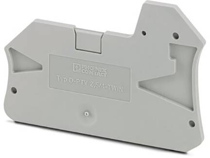 Eine graue Abdeckung für Reihenklemmen der Marke Phoenix Contact, Modell 'Typ D-PTV 2,5/4-TWIN', mit strukturiertem Design.