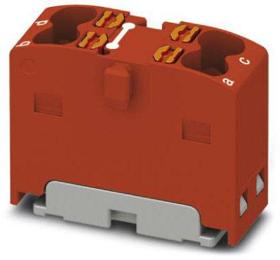 Roter Klemmenblock aus Kunststoff mit vier Anschlüssen, geeignet für elektrische Verbindungen in industriellen Anwendungen.