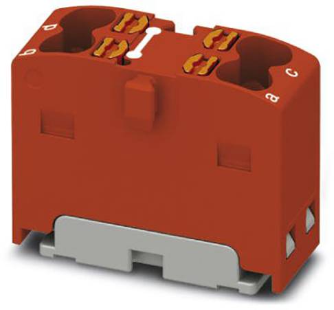 Roter elektrischer Anschlussstecker mit mehreren Anschlusspunkten und metallischer Halterung, von oben betrachtet.
