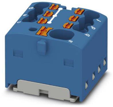 Elektronisches Verbindungselement in Blau und Orange mit Steckplätzen für Kabel. Dient zur elektrotechnischen Vernetzung.