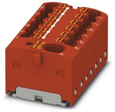 Roter elektrischer Steckverbinderblock mit mehreren Anschlüssen für Kabelverbindungen, horizontale und vertikale Anschlussmöglichkeiten.