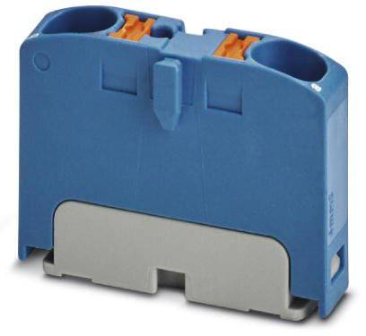 Eine blaue, rechteckige Klemme mit zwei orangefarbenen Hebeln oben, die möglicherweise zum Verbinden elektrischer Leitungen dient.