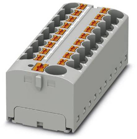 Elektrischer Steckverbinderblock mit grauem Gehäuse und orangefarbenen Anschlüssen in zwei Reihen für Kabelmontage.