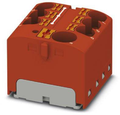 Industrie-Steckverbinder in rotem Gehäuse mit offenen Kontakten und grauer Basis, verwendet zur elektrischen Verbindung.