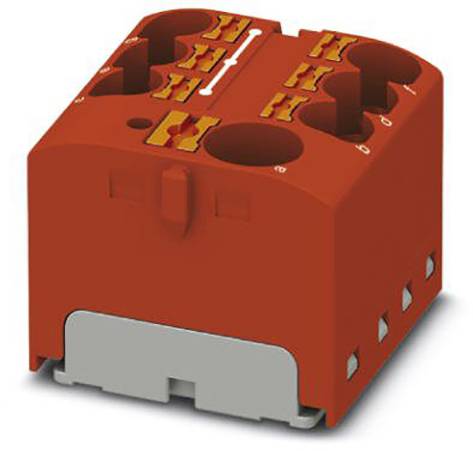 Rotes, quadratisches elektrisches Bauteil mit mehreren Steckplätzen und Steckverbindern, zur Montage oder Verbindung elektrischer Drähte.