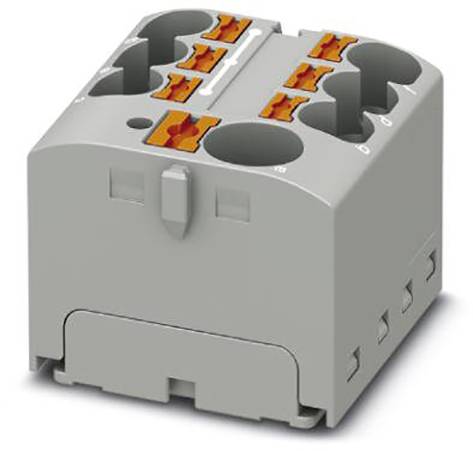 Graues elektrisches Steckmodul mit orangefarbenen Anschlussklemmen, geeignet für den Einsatz in Schalttafeln oder Schaltschränken.