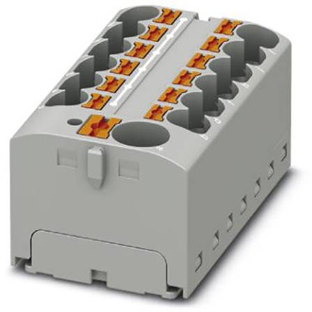 Graues Mehrstock-Klemmenblock-Modul mit mehreren Anschlussstellen und einem orangefarbenen Betätigungsmechanismus oben.