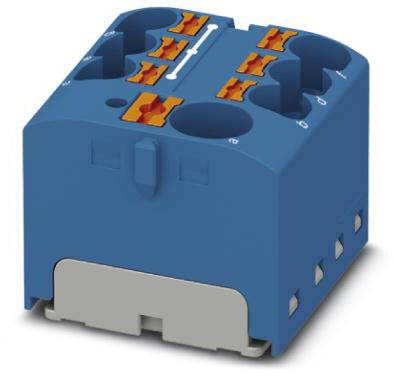 Blaues elektrisches Bauteil mit mehreren Anschlussklemmen auf der Oberseite. Es wird zur Kabelverbindung in elektrischen Schaltungen genutzt.