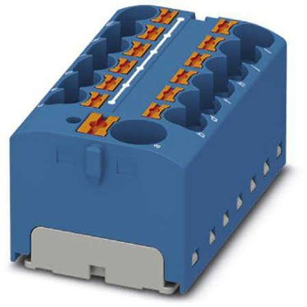 Ein blauer elektrischer Reihenklemmenblock mit orangen Klemmhebeln, verwendet für die Verbindung mehrerer elektrischer Leitungen.