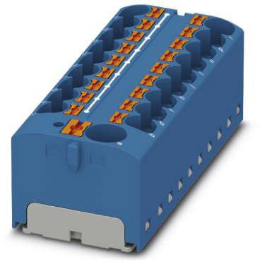 Ein blaues elektrisches Anschlussmodul mit mehreren orangen Klemmen oben, zur Befestigung von Drähten in einem elektrischen System.