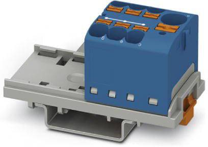 Ein elektrisches Bauteil mit einem blauen Gehäuse und orangen Schalthebeln auf einem grauen Sockel, verwendet zur Verdrahtung.