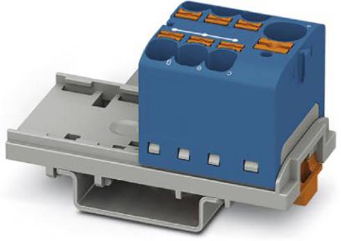 Ein elektrischer Anschlussblock mit vier blauen Klemmen und orangen Hebeln, montiert auf einer grauen Hutschiene.