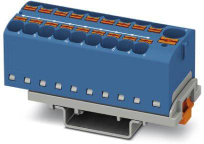 Blauer elektrischer Steckverbinder mit mehreren Öffnungen und orangenen Klemmen, montiert auf einer grauen Basis.