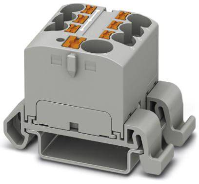 Elektrischer Steckverbinder in Grau mit sechs Anschlüssen und eingebauten Klemmmechanismen, geeignet für die Verwendung in Schaltschränken.