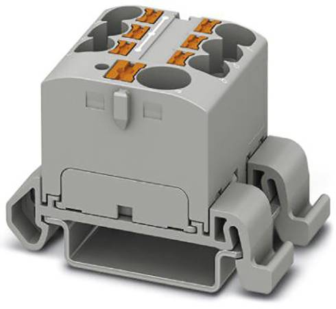 Ein grauer elektrischer Steckverbinder mit mehreren orangefarbenen Klemmen zur Kabelbefestigung, geeignet für Hutschienenmontage.