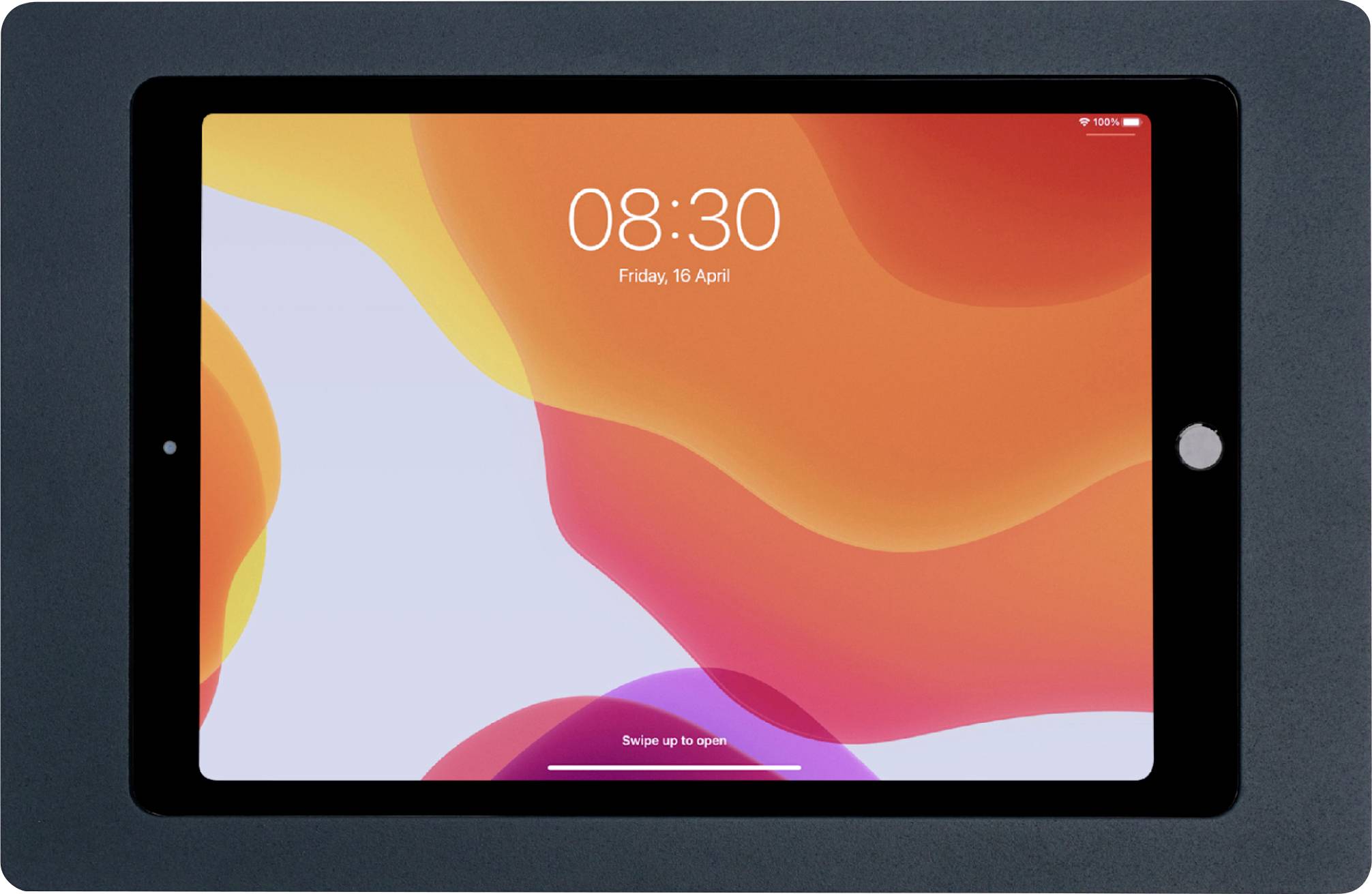 Ein Tablet zeigt den Sperrbildschirm mit einer Uhrzeit von 08:30 und dem Datum Freitag, 16. April. Helle, abstrakte Muster als Hintergrund.